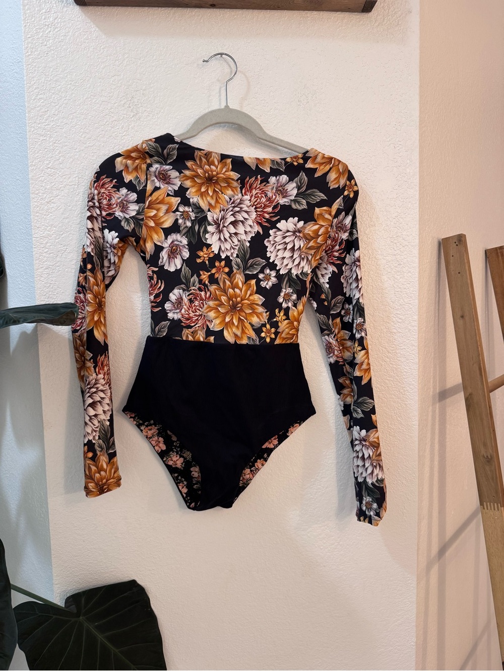 Maaji Womens Long-Sleeve Black One-Piece Swimsuit W/ Peach Florals Reversible